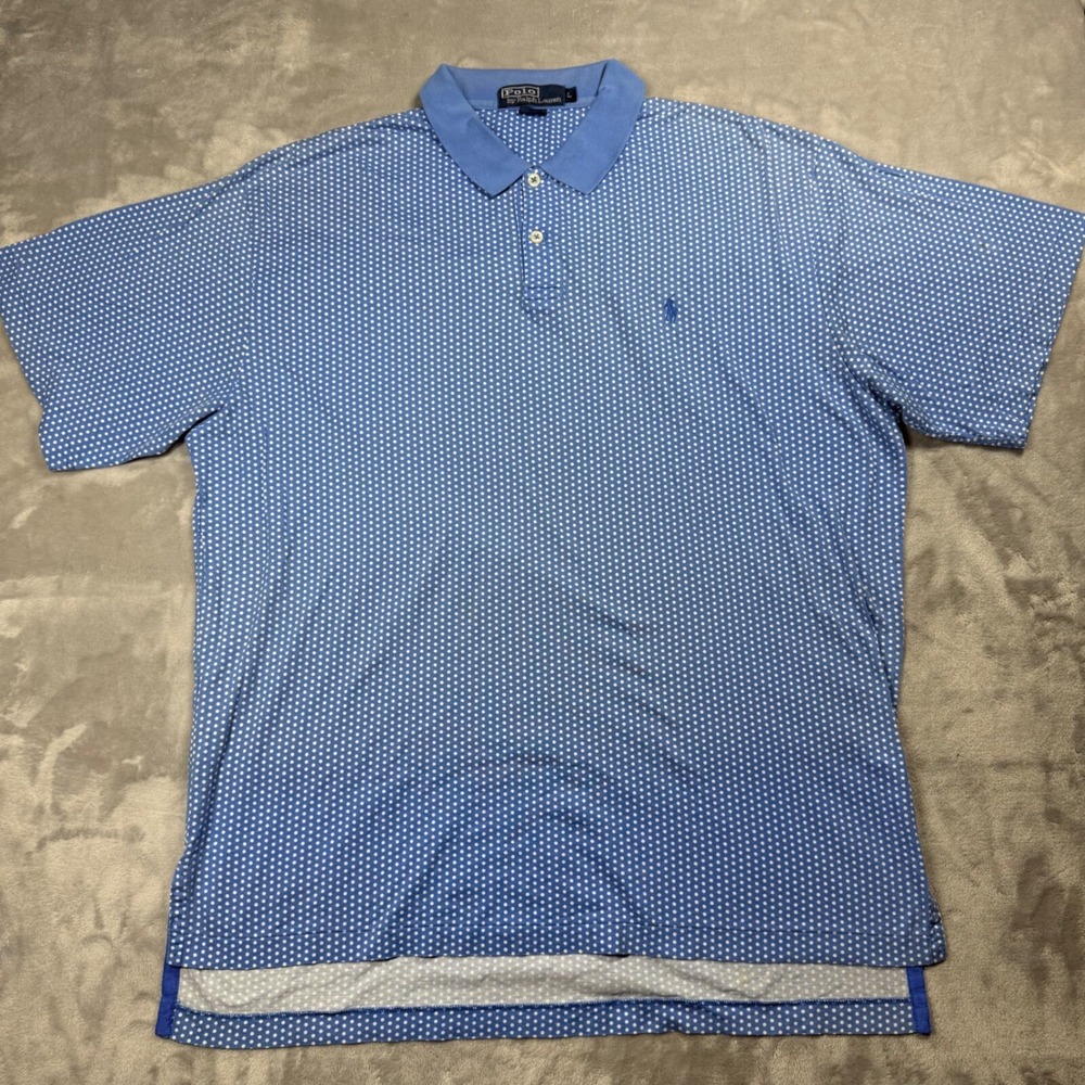 Polo Ralph Lauren Polo Shirt Mens L Blue Polka Dot Short Sleeve Cotton Pony Logo